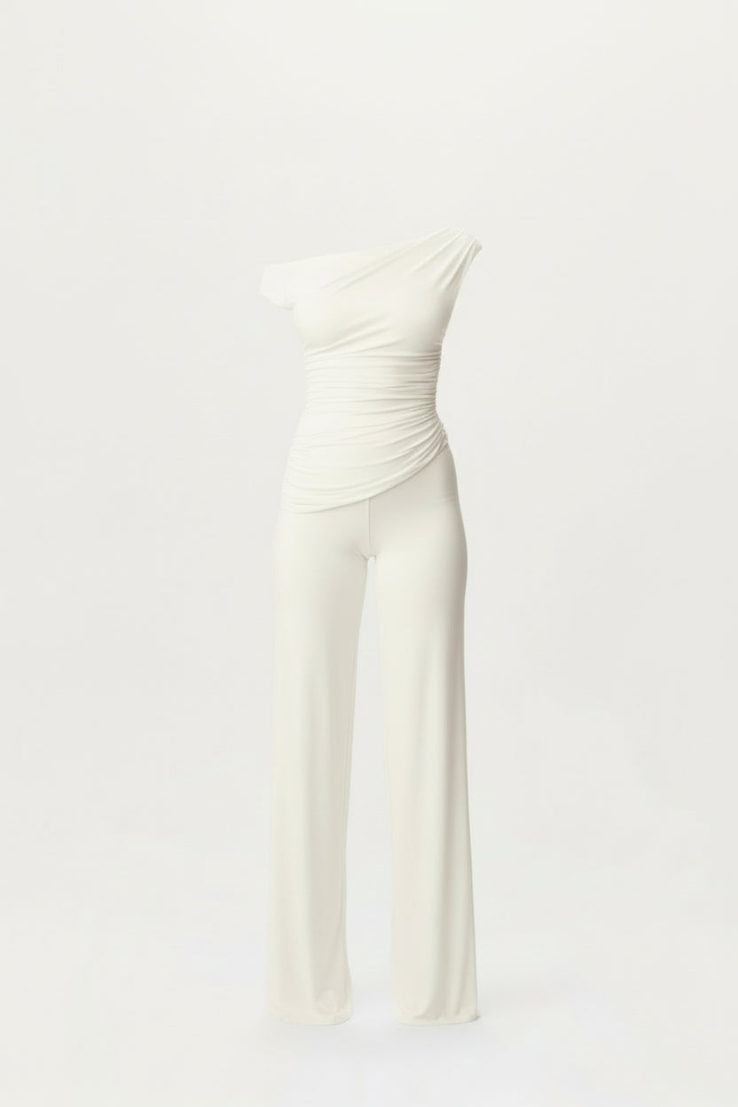 Asymmetrische Off-Shoulder Set met Ruches – Elegante Tweedelige Outfit met Hoge Taille en Slank Silhouet