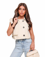 Beige Cropped Trenchcoat Zonder Mouwen met Zakdetails – Maat S voor een Modieuze Look 0