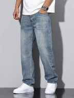 Casual Washed Men's Jeans, Straight Leg Fit, Cotton Blend, Comfortable All-Season Wear, Practical Pockets 5