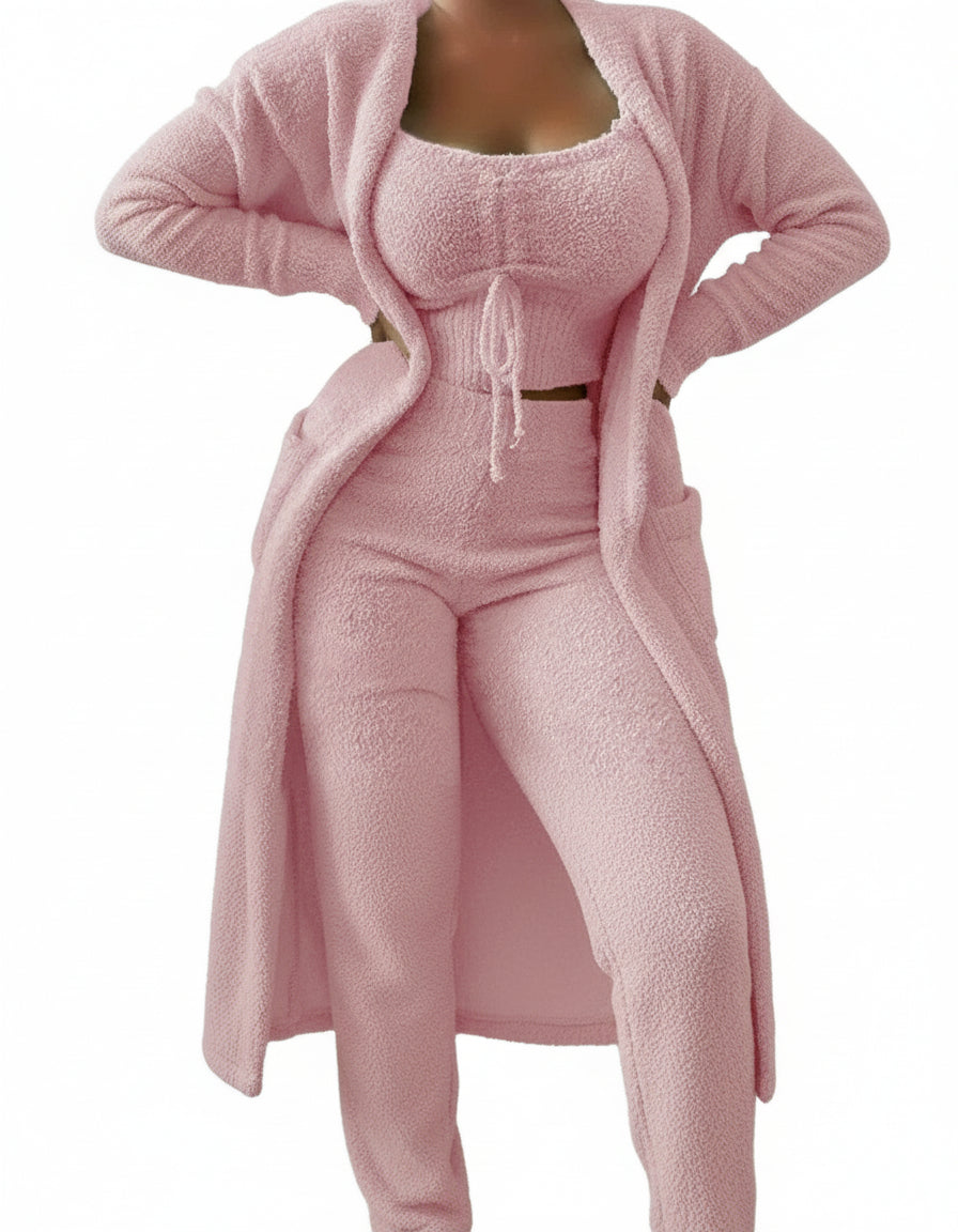 Dames Pyjama Set van Pluche Fleece – Winter Pyjama met Crop Top, Lange Broek en Jas, Perfect voor Matching Pyjama Feesten 1