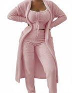 Dames Pyjama Set van Pluche Fleece – Winter Pyjama met Crop Top, Lange Broek en Jas, Perfect voor Matching Pyjama Feesten 1