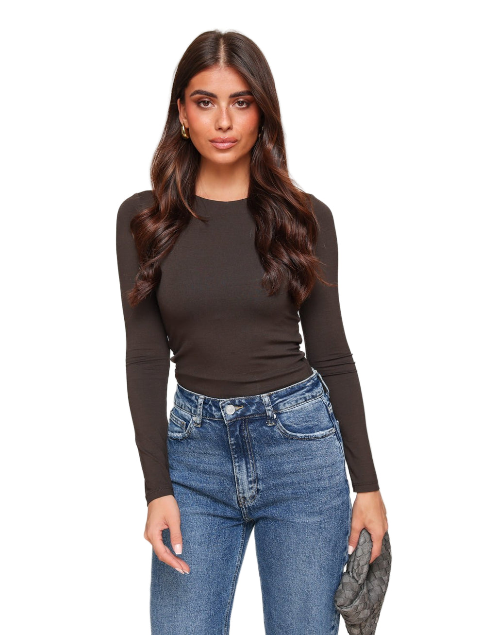 Donkerbruine Lange Mouwen Top Dames met Ronde Hals – Dubbel Gevoerd Comfortabel Topje Dames 0