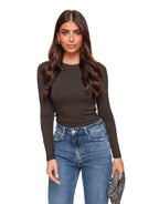 Donkerbruine Lange Mouwen Top Dames met Ronde Hals – Dubbel Gevoerd Comfortabel Topje Dames 0