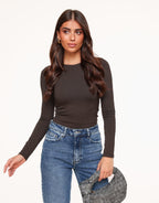 Donkerbruine Lange Mouwen Top Dames met Ronde Hals – Dubbel Gevoerd Comfortabel Topje Dames 1