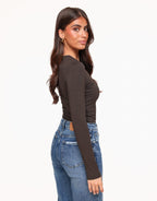 Donkerbruine Lange Mouwen Top Dames met Ronde Hals – Dubbel Gevoerd Comfortabel Topje Dames 2