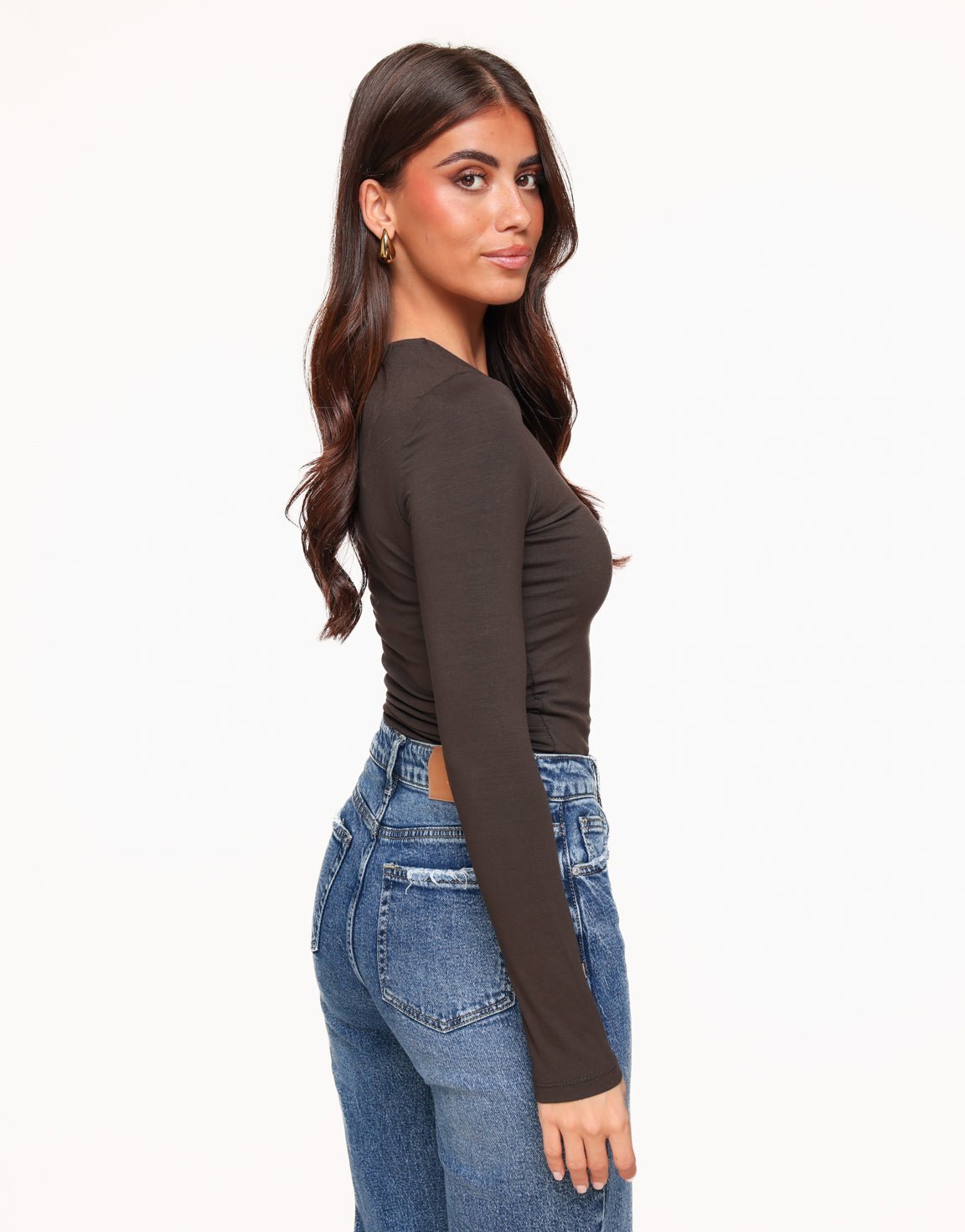 Donkerbruine Lange Mouwen Top Dames met Ronde Hals – Dubbel Gevoerd Comfortabel Topje Dames 2