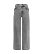 Grijze High-Waisted Denim Broek met Wijde Pijpen en Loose Fit - Casual Comfort met Voor- en Achterzakken 0