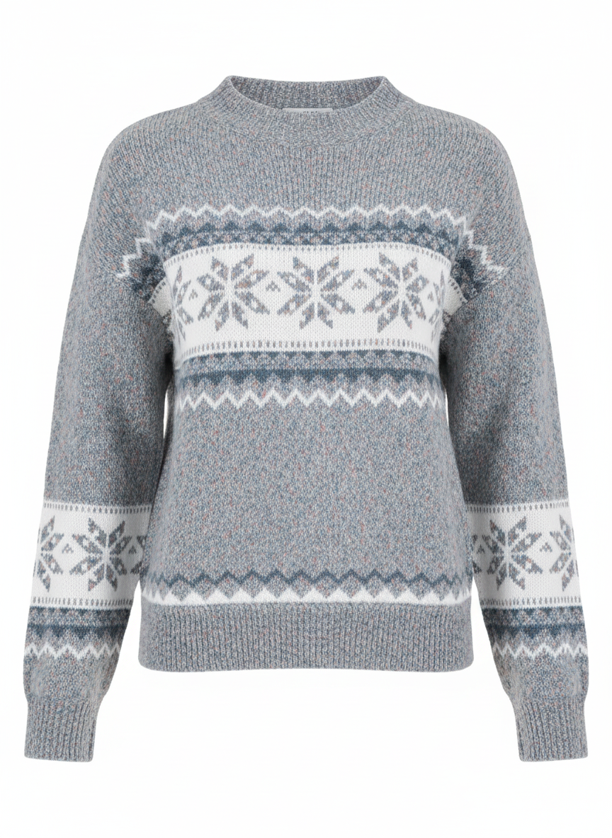 Noorse Wollen Trui Dames met Sneeuwvlokkenpatroon – Klassieke Pasvorm en Zachte Wolmix voor de Winter