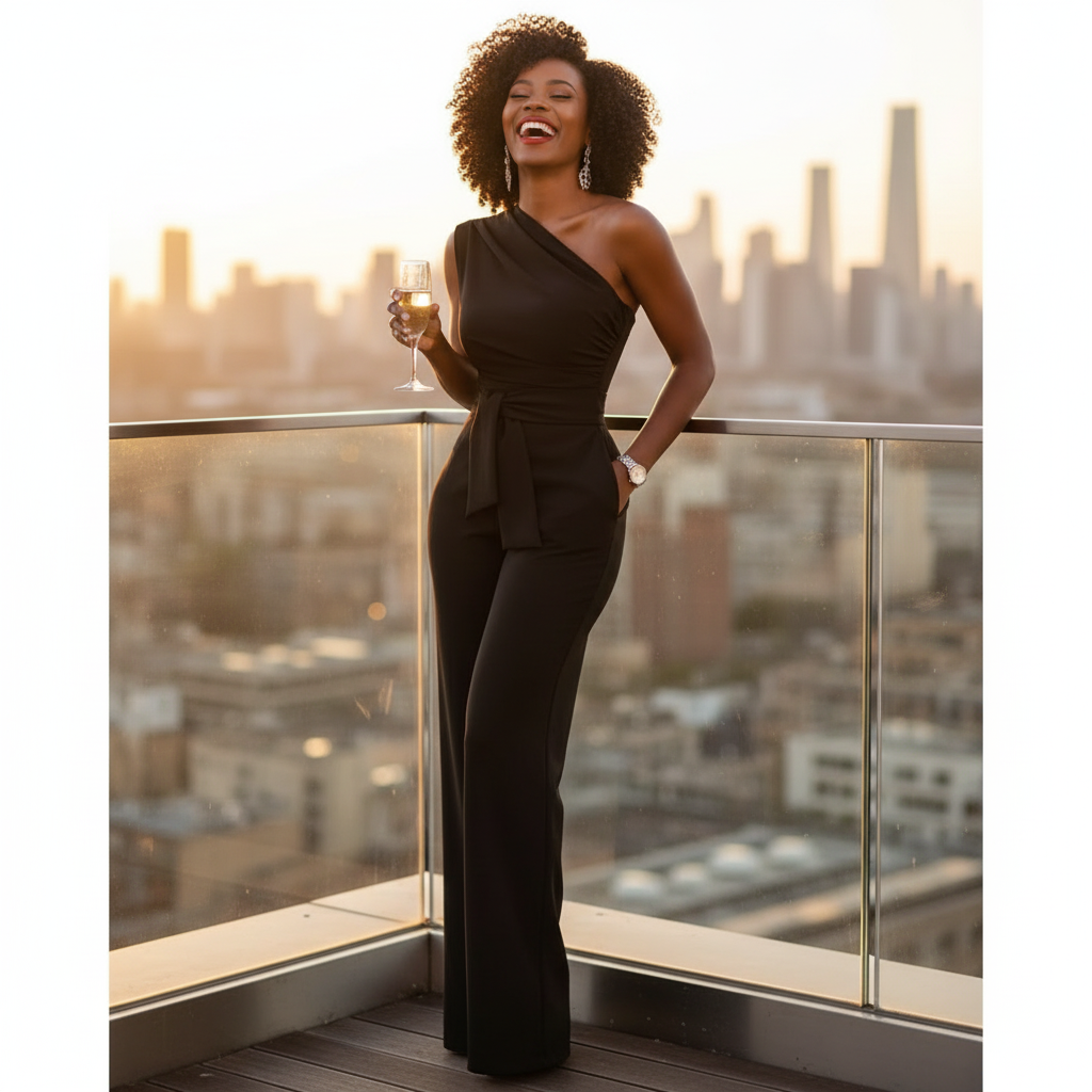 Stijlvolle Feestelijke Jumpsuit met Enkel Schouderontwerp en Wijde Pijpen – Perfecte Pasvorm in Diverse Kleuren 1