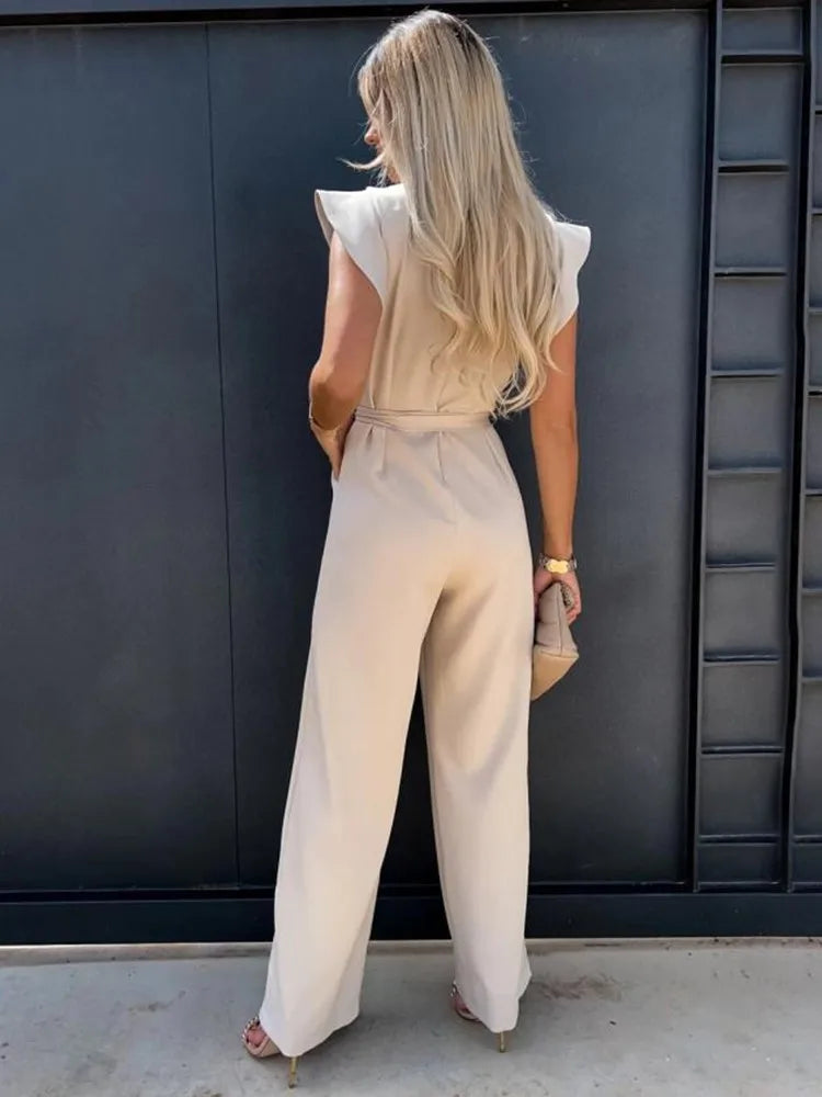 Stijlvolle Jumpsuit met Ruches Mouwen en Ceintuur - Perfect voor Formele en Informele Gelegenheden 3