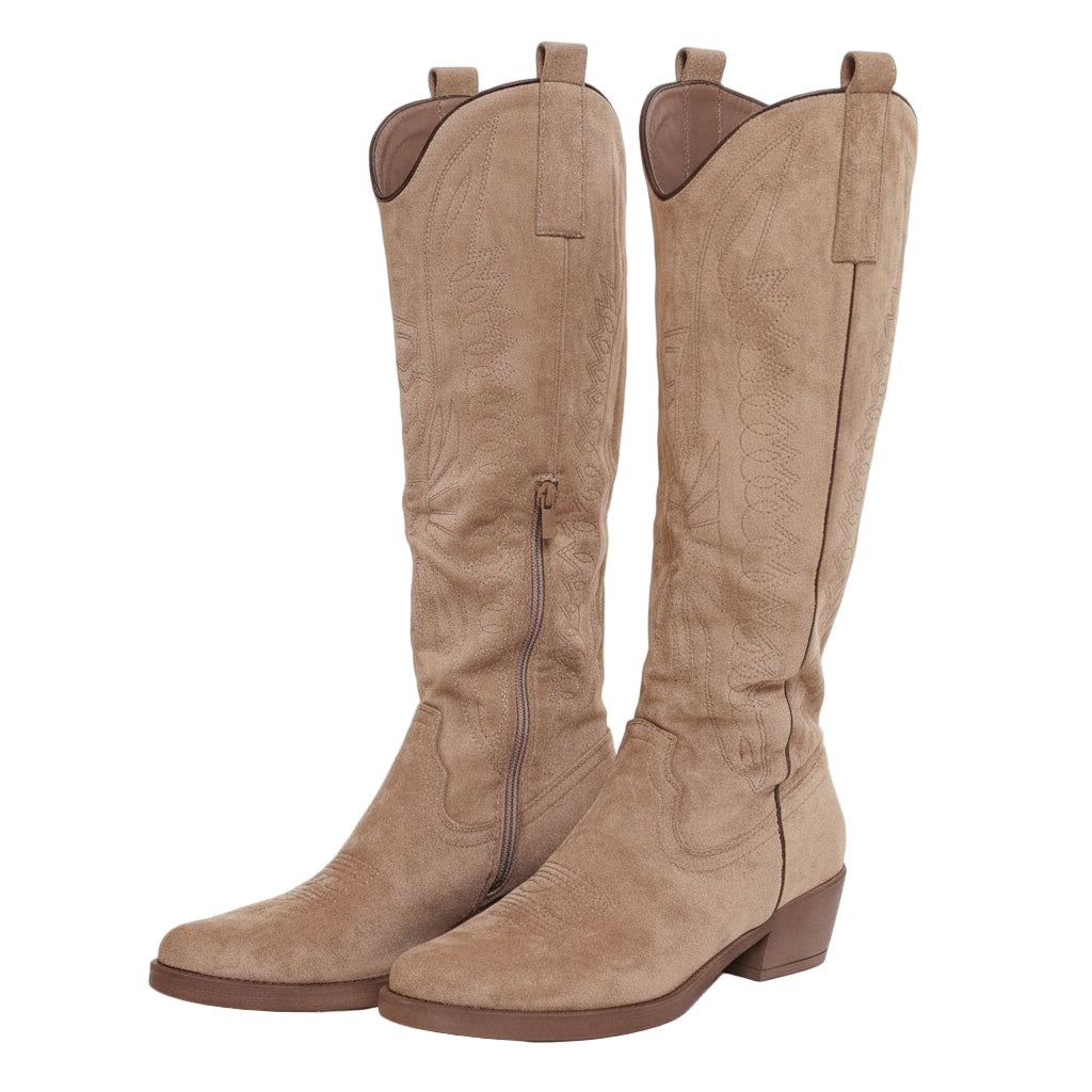 Taupe Hoge Suede Cowboylaarzen Dames met Gestikt Patroon en Bruine Zool voor Stijlvolle Looks