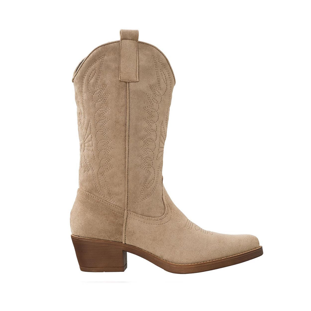 Taupe Suede Cowboylaarzen Dames met Gestikt Patroon en Bruine Zool – Comfortabele Hakhoogte van 5 cm, Maat 39 1