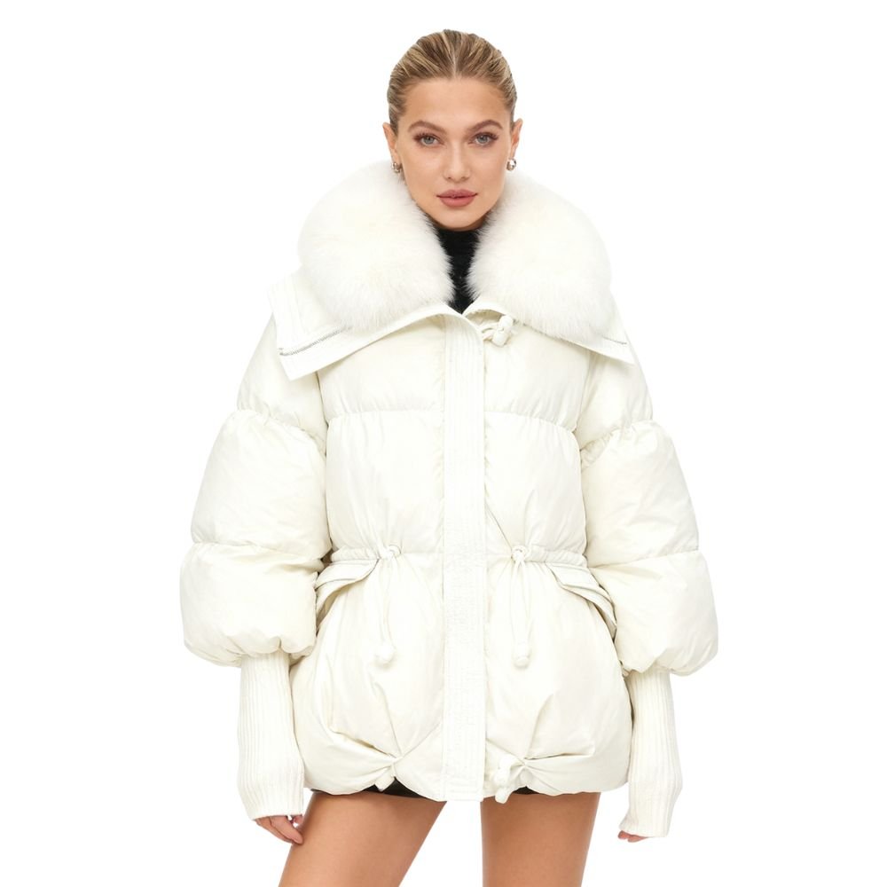 White Winter Jacket with Plush Fox Fur Collar, Adjustable Waist, Insulated Goose Down, Water-Resistant Outer, Women's Winter Coat 0