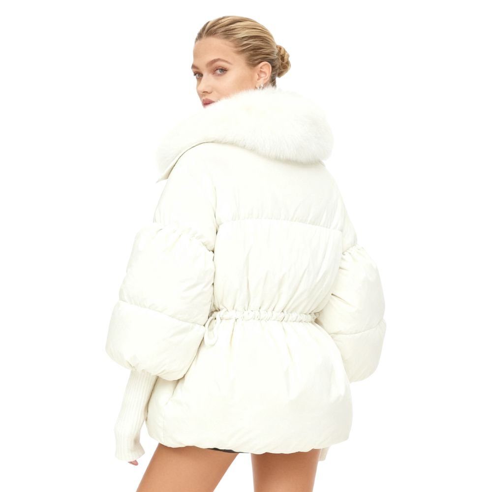 White Winter Jacket with Plush Fox Fur Collar, Adjustable Waist, Insulated Goose Down, Water-Resistant Outer, Women's Winter Coat 1