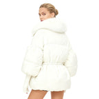 White Winter Jacket with Plush Fox Fur Collar, Adjustable Waist, Insulated Goose Down, Water-Resistant Outer, Women's Winter Coat 1