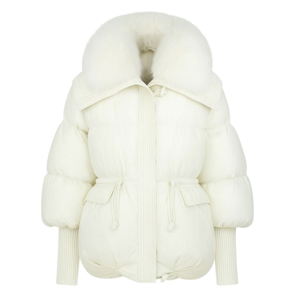 White Winter Jacket with Plush Fox Fur Collar, Adjustable Waist, Insulated Goose Down, Water-Resistant Outer, Women's Winter Coat 3