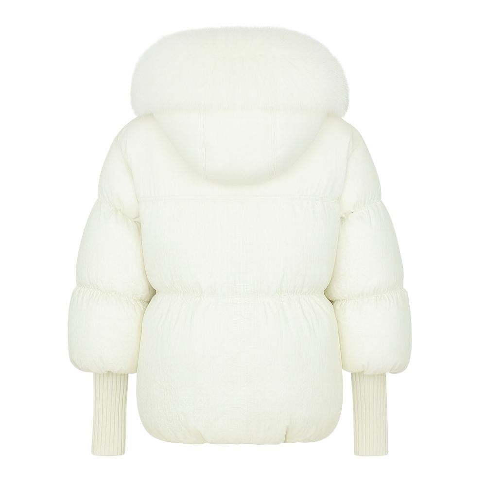 White Winter Jacket with Plush Fox Fur Collar, Adjustable Waist, Insulated Goose Down, Water-Resistant Outer, Women's Winter Coat 4