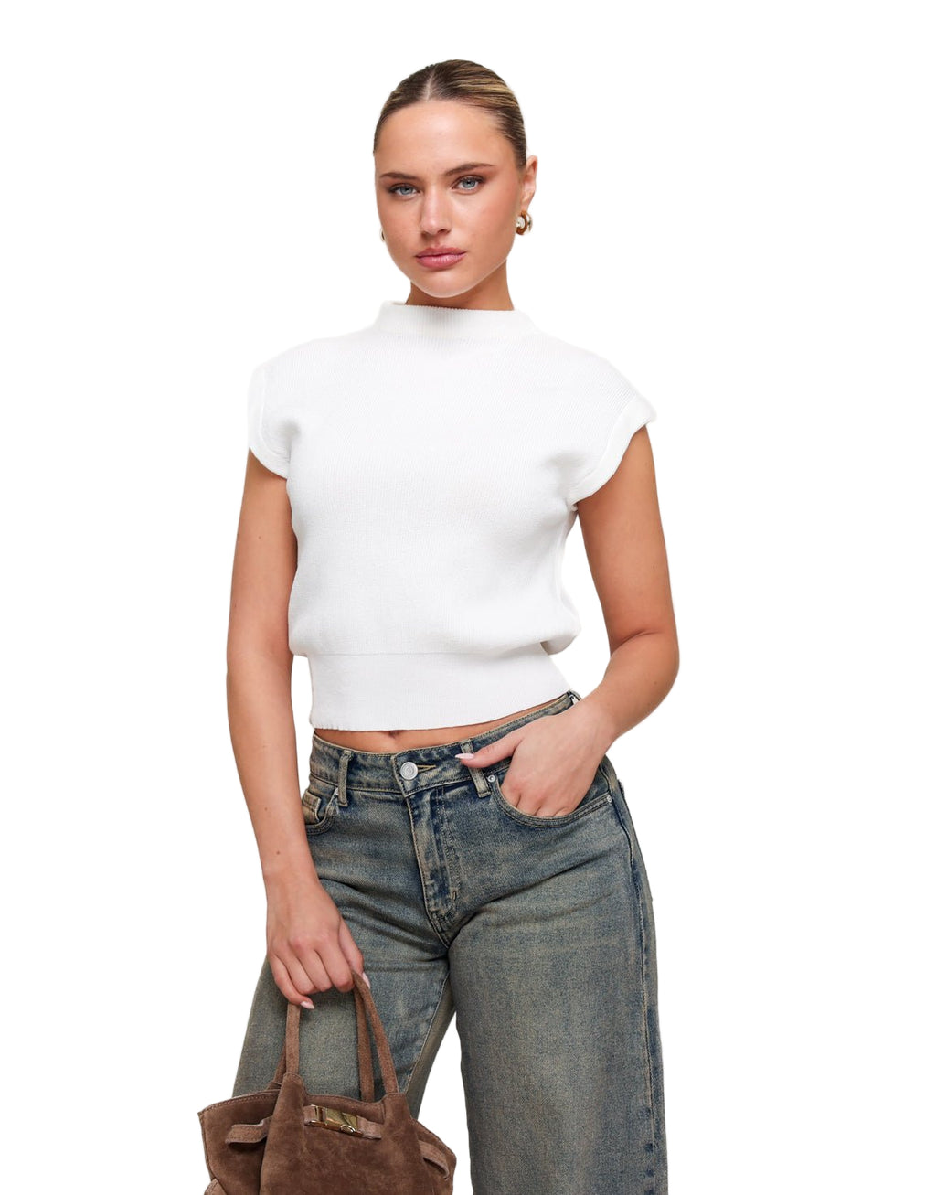 Witte Gebreide Mouwloze Spencer-Top met Ronde Hals voor Comfortabele Casual Look – Verkrijgbaar in Maat S/M 0