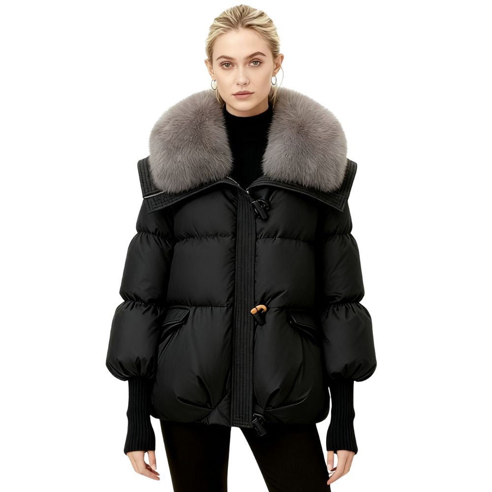 Women's Black Puffer Jacket with Detachable Fox Fur Collar – 800 Fill Power Winter Coat for Ultimate Warmth and Style 0