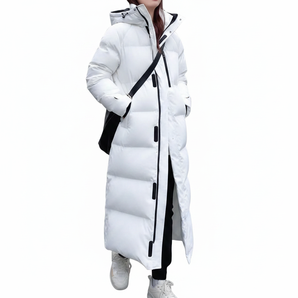 Women's Long Down Jacket with Hood and Pockets – Warm Quilted Coat