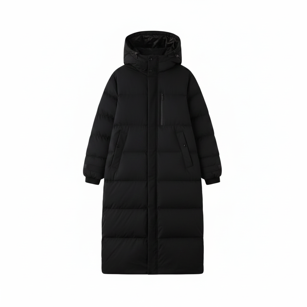Women's Long Down Jacket with Hood and Pockets – Warm Quilted Coat