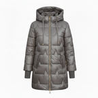 Women's Long Hooded Down Jacket with Zip Closure – Quilted Design for Cold Weather
